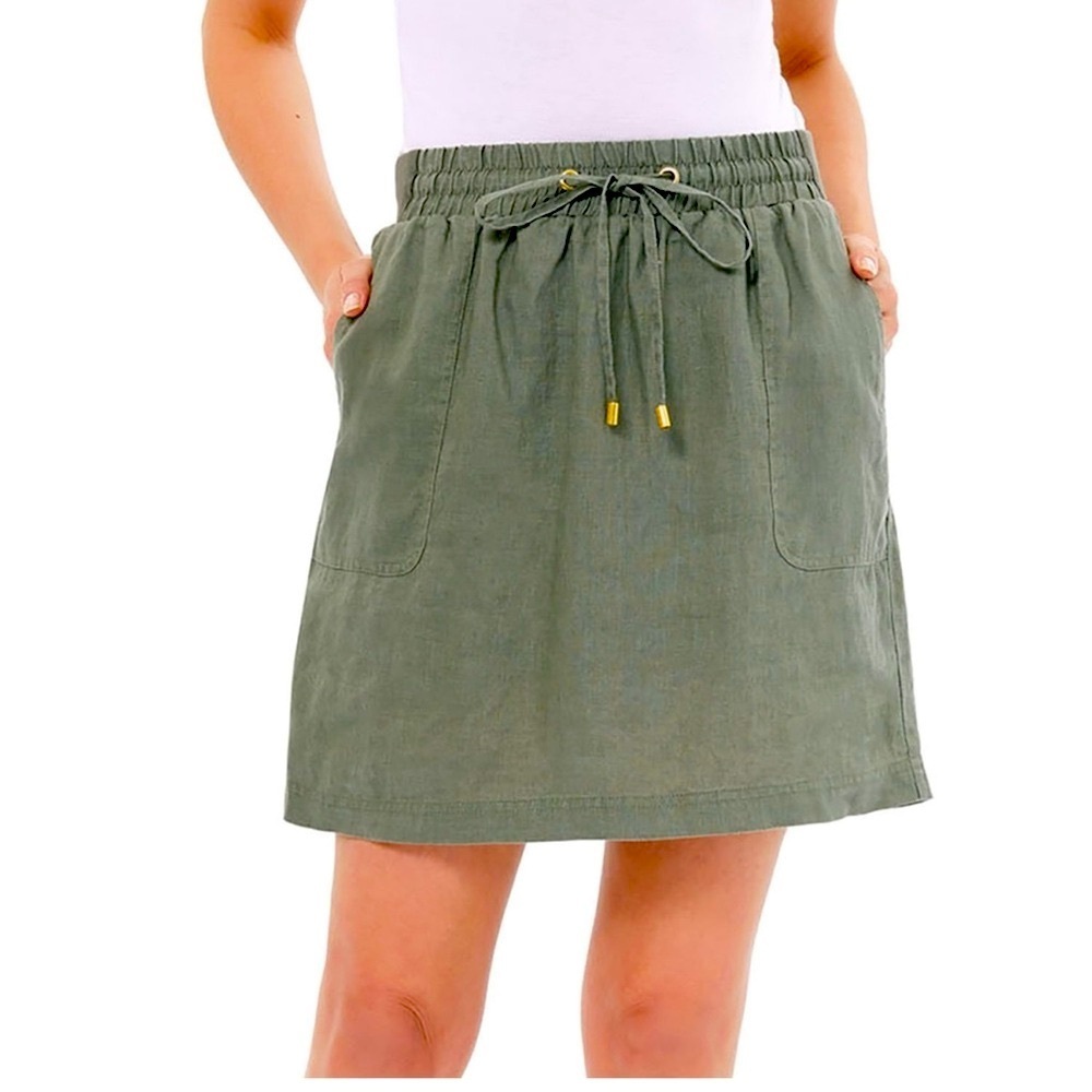 Ellen Tracy Olive Green Linen Preppy Skort Stretch Shorts Lined Drawstring Tie